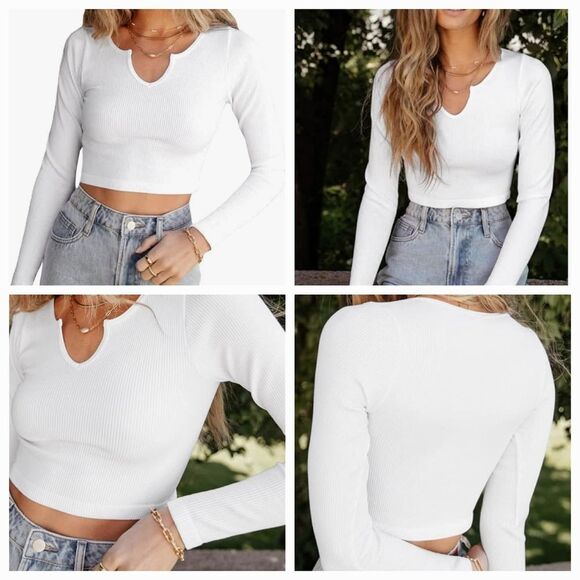 🔺️NWT Bozzolo White Notched Collar Long Sleeve Crop Top Medium - Picture 4 of 11